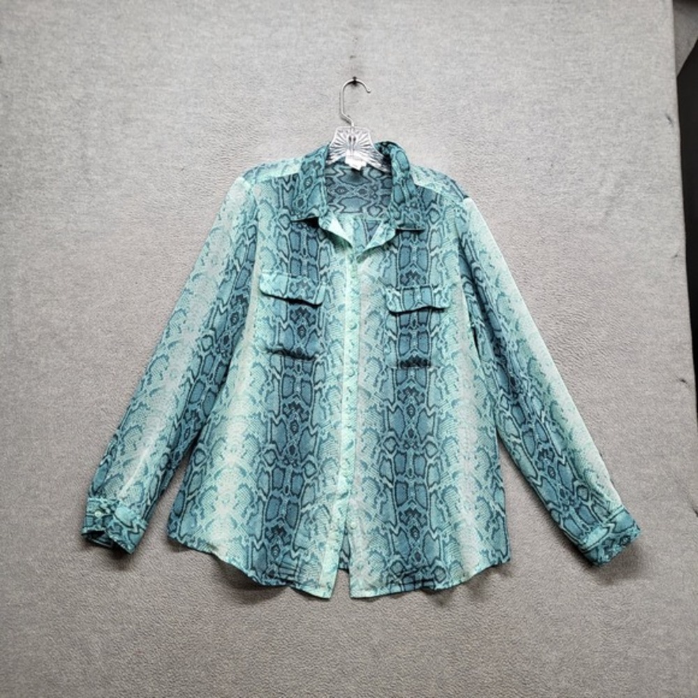 Old Navy Women Button Up Shirt L Blue Snakeskin Print‎ Collared Front